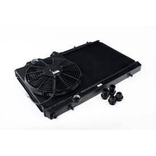 Mitsubishi Evo 7/8/9 - Full Size Slim Radiator w/ 12-inch SPAL fan & Shroud / Adjustable -16 or slip-on fittings (BLACK) Mitsubishi Evo 7/8/9 - Full Size Slim Radiator w/ 12-inch SPAL fan & Shroud / Adjustable -16 or slip-on fittings (BLACK)