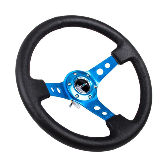 Reinforced Steering Wheel - 350mm Sport Steering Wheel (3" Deep) - Blue Spoke w/ Round holes / Black Leather