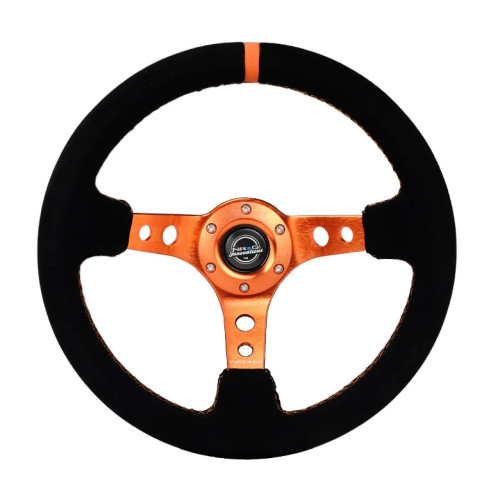 Reinforced Steering Wheel - 350MM Sport Steering Wheel (3" Deep) - Black Suede Orange center mark with Orange stitching and Orange Center spoke