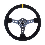 Reinforced Steering Wheel - 350mm Sport Steering Wheel (3" Deep) - Suede Black Stitch w/ Yellow Center Mark Reinforced Steering Wheel - 350mm Sport Steering Wheel (3" Deep) - Suede Black Stitch w/ Yellow Center Mark