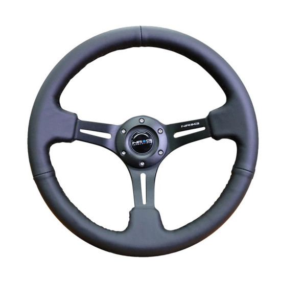 Reinforced Steering Wheel 350mm Sport Steering Wheel (3" Deep) Black Leather with Black Stitching