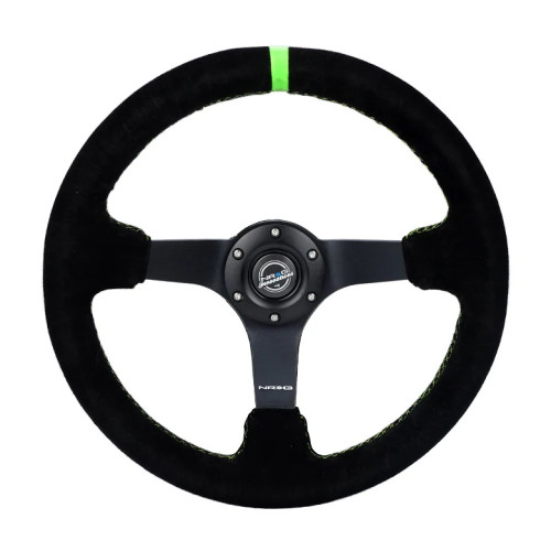 Reinforced Steering Wheel - 3" Deep, 5mm matte black spoke, 350mm Sport Steering Wheel Black suede w/ Neon Green baseball stitching / Neon Green Center Mark