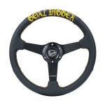 350mm sport steering wheel (1.5' deep) black perforated Leather with Gold stitching - Matte Black Solid Spokes, Goal Digger Gold stitching in front