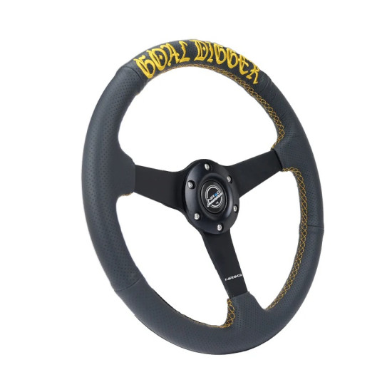 350mm sport steering wheel (1.5' deep) black perforated Leather with Gold stitching - Matte Black Solid Spokes, Goal Digger Gold stitching in front