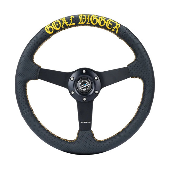 350mm sport steering wheel (1.5' deep) black perforated Leather with Gold stitching - Matte Black Solid Spokes, Goal Digger Gold stitching in front
