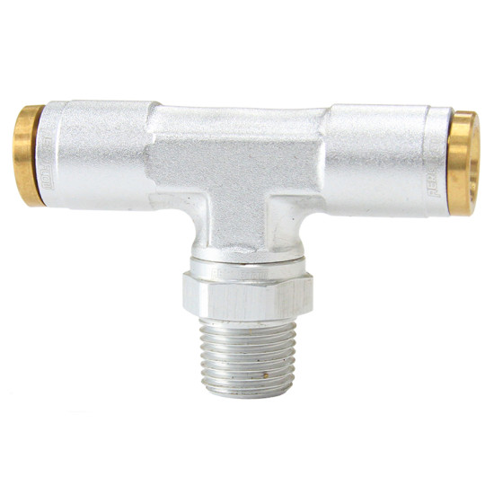 Push to Connect 1/8" NPT to 1/4" OD Nylon Hose Tee Fitting - Silver Finish