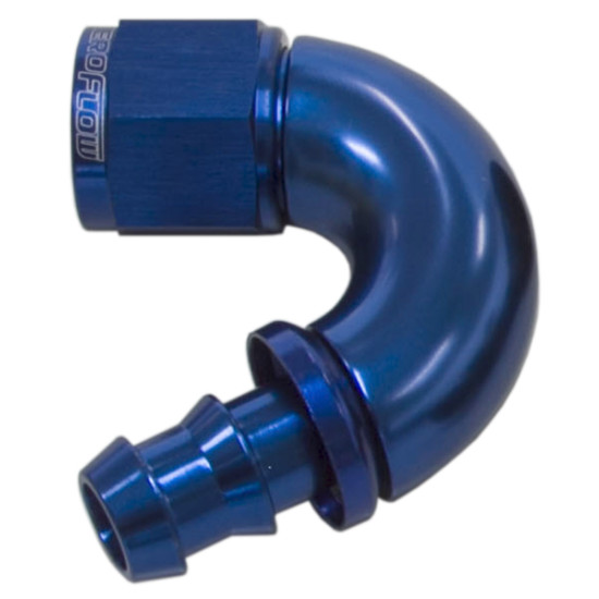 510 Series Full Flow Tight Radius Push Lock 150° Hose End -8AN - Blue Finish. Suit 400 Series Hose 510 Series Full Flow Tight Radius Push Lock 150° Hose End -8AN - Blue Finish. Suit 400 Series Hose