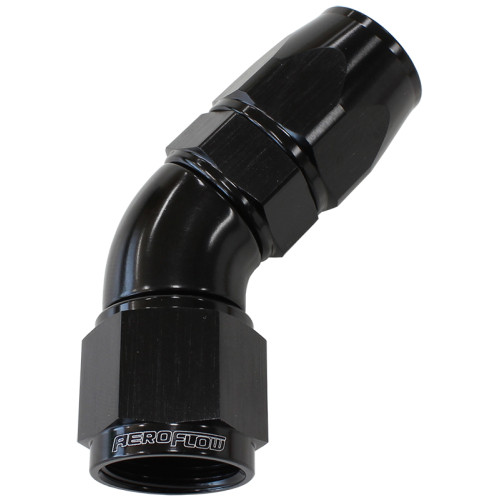570 Series One-Piece Full Flow 45° Hose End -6AN - Black Finish. Suit 200 Series PTFE Hose