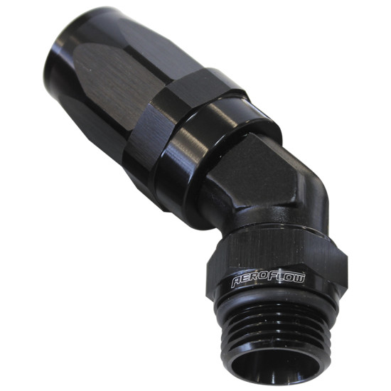 ORB Taper Swivel 45° Hose End -12 ORB to -16AN - Black Finish ORB Taper Swivel 45° Hose End -12 ORB to -16AN - Black Finish