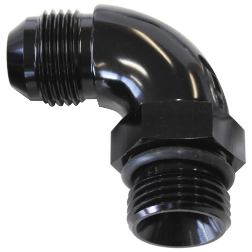90° ORB to Male AN Full Flow Adapter -8 ORB to -6AN - With Jam Nut, Black Finish