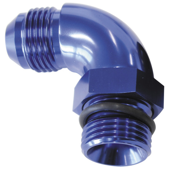 90° ORB to Male AN Full Flow Adapter -20 ORB to -20AN - With Jam Nut, Blue Finish